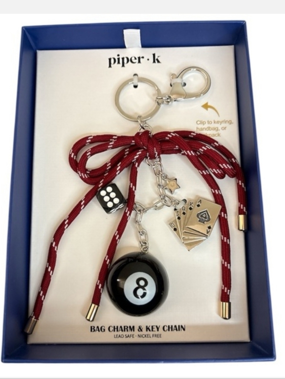 🖤▪️piper K ▪️Red Bag Charm & Key Chain with 8-Ball and Dice